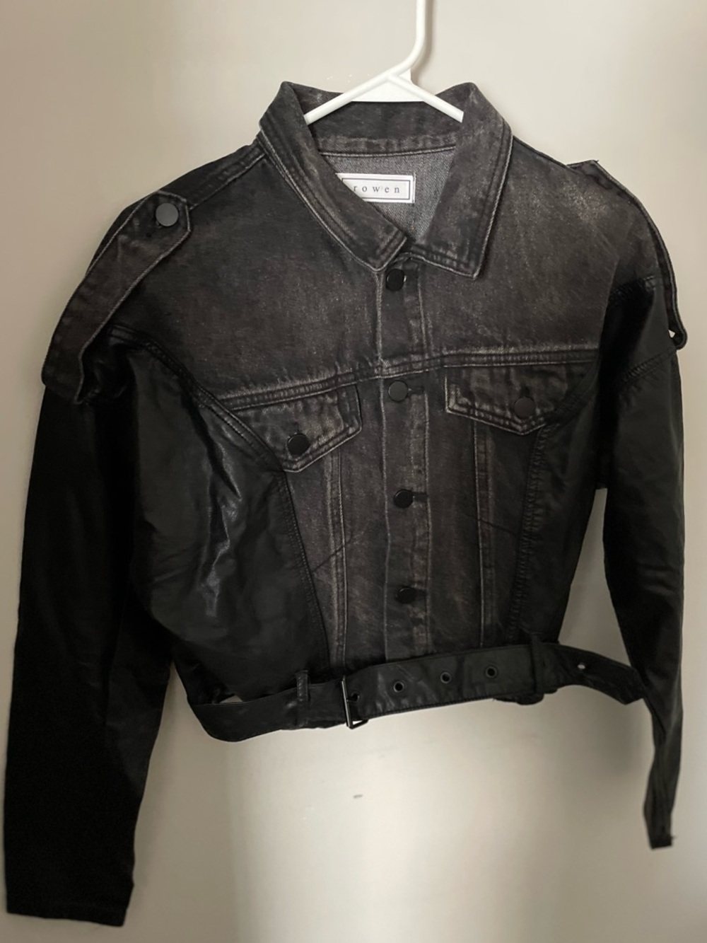 Rowen Black Mixed Denim-Leather Cropped Jacket